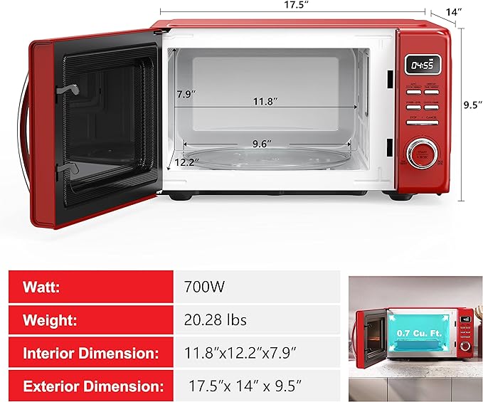Galanz GLCMKZ07RDR07 Retro Countertop Microwave Oven with Auto Cook & Reheat, Defrost, Quick Start Functions, Easy Clean with Glass Turntable, Pull Handle.7 cu ft, Red