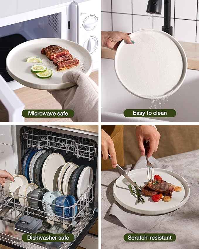 famiware Star Dinnerware Set with Pasta Bowls, Service for 6 (24 Pieces), Ribbed Stoneware Plates and Double Bowls Sets - Chip & Scratch Resistant, Microwave & Dishwasher Safe Dishes, Matte White