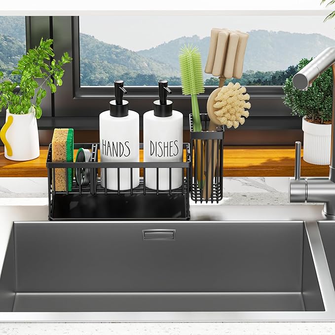 MASADI Kitchen Dish Soap Dispenser Set with Sponge Holder, 12OZ Glass Bottle, Hand and Dish Soap Dispenser Set, Non-Slip Silicone Pad, Brush Holder, Kitchen Sink Organizer Countertop (Black+White)