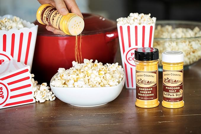 Amish Country Popcorn | Seasoning Variety Pack | BallPark Style ButterSalt - 5.5 oz & Cheddar Cheese - 4.7 oz Popcorn Seasoning | Old Fashioned, Non-GMO