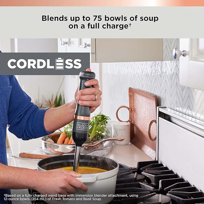 BLACK+DECKER Kitchen Wand Cordless Immersion Blender, 3 in 1 Multi Tool Set, Hand Blender with Charging Dock, Whisk, and Chopper, Grey (BCKM1013K01)