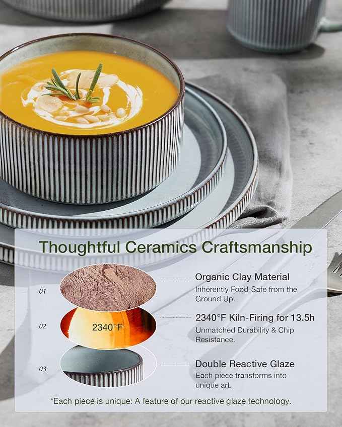 Famiware Star Dinnerware Set with Pasta Bowls, Service for 6 (24 Pieces), Ribbed Stoneware Plates and Double Bowls Sets - Chip & Scratch Resistant, Microwave & Dishwasher Safe Dishes, Smoky Blue