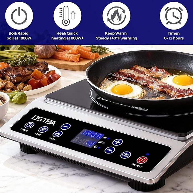OSTBA 1800W Portable Induction Cooktop, Large Heating Coil Countertop Induction Burner, 10 Power Levels & 120–460°F Temperature Control, 3H Timer, Keep Warm, ETL Certified
