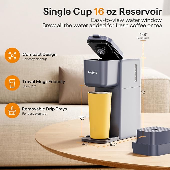 Tastyle Single Serve Coffee Maker for K Cup, Ground and Tea, Hot and Iced Coffee Machines with Bold Setting, 6 to 16 Oz Brew Sizes, Compact for Small Spaces, Gray (2.0 Version)
