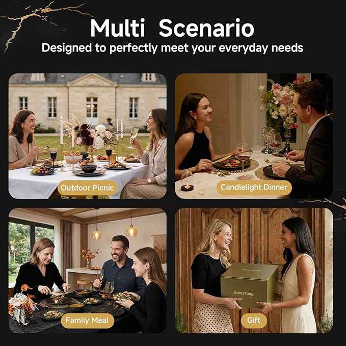 KINGSTONE Dinnerware Sets for 6 Porcelain Plates and Bowls Sets 18 Piece Matte Black with Gold Vein Dish Set Scratch Resistant Dinner Salad Plate Dishware for Wedding Party Daily