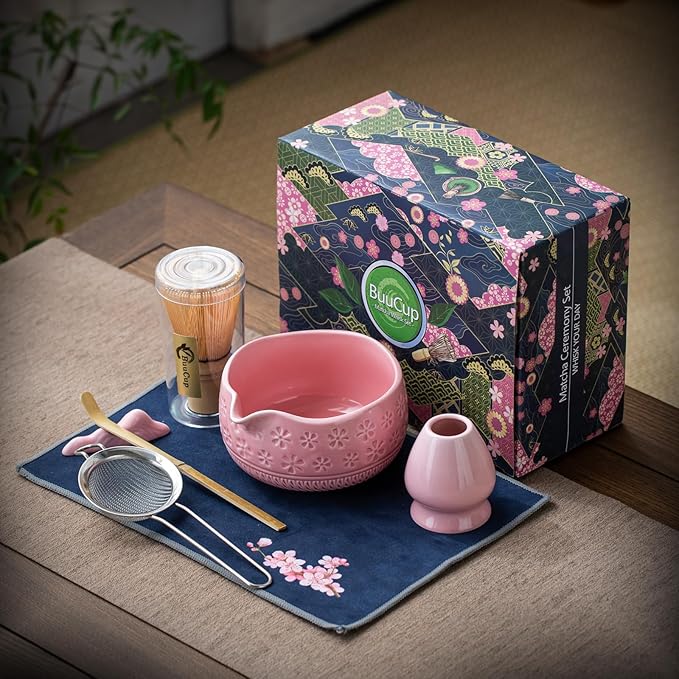 Buucup Matcha Whisk Set, Ceramic Matcha Kit Set Includes Matcha Bowl, Matcha Whisk and Holder, Bamboo Scoop, Scoop Rest, Sifter and Tea Towel - 7 Pcs Matcha Kit for Matcha Lovers (Pink)