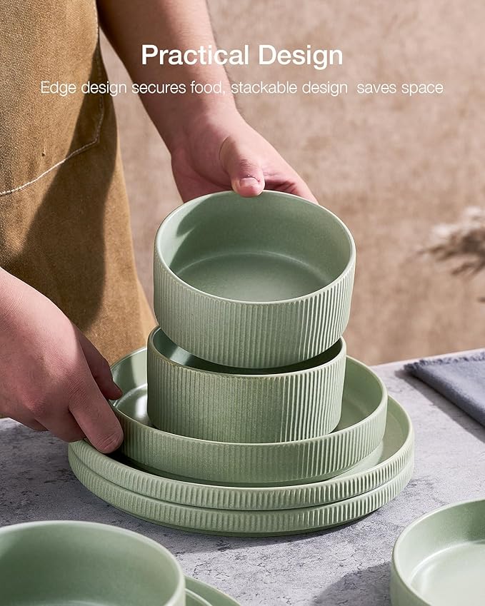 Famiware Star Dinnerware Set, Plates and Bowls Sets for 8 (24pcs), Ribbed Stoneware Dishes - Chip & Scratch Resistant, Microwave & Dishwasher Safe, Matte Sage Green