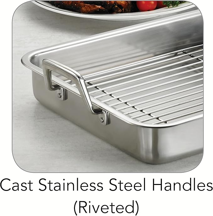 Tramontina 13.5-Inch Stainless Steel Roasting Pan with Rack, Turkey Roaster for Oven, Dishwasher Safe, Made in Brazil