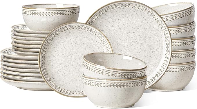 LE TAUCI 24 Piece Dinnerware Sets for 8, Large Plates and Bowls Sets, Ceramic Dishes Set for 8, Modern Stoneware Tableware, Chip Resistant, Ideal for Hosting, Reactive Beige (8"&10" Plate, 27oz Bowl)