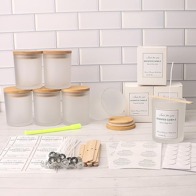 MILIVIXAY 12 Pack 7 OZ Frosted Glass Candle Jars with Lids and Candle Making Kits - Bulk Empty Candle Jars for Making Candles - Spice, Powder Containers.