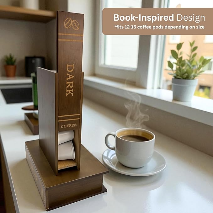 The Coffee Pod Library | Elegant Countertop Organizer & Display for Coffee Lovers | Compatible with K-Cups | Set of 3 Book-Inspired Bamboo Boxes with Stand | 6 Sliding Lids with Labels