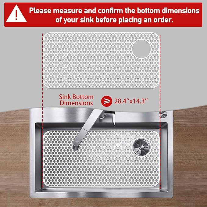 Bestjing Silicone Sink Protectors for Kitchen Sink - 28.4"x 14.3" Kitchen Protector Accessory, Non-Slip Heat Resistant Mat for Bottom of Farmhouse Porcelain Stainless Steel(Top Right Drain Hole,White)