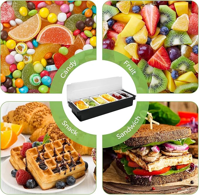 Fruit, Veggie & Condiment Caddy with Lid Dispenser Tray Garnish Station for Bartending & Serving Taco (2, 5 Compartment)