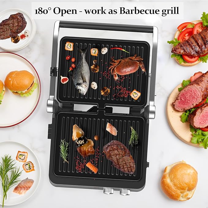 Panini Press,4 Slices Contact Grill with Removable Non-Stick Coated Grill and Flat Plates,Panini Makers with Temperature Control and Timer,Open 180 Degrees,Grill and Griddle (Silver wtih Full SUS)