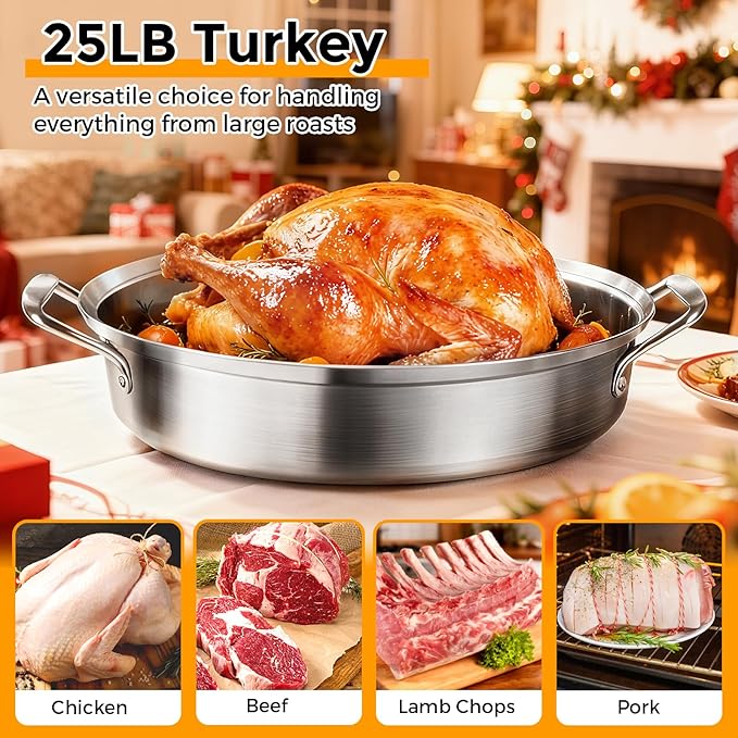 Large Roasting Pan with Rack and Lid, Gifts for mom women wife, Stainless Steel Large Oval Roaster, Nonstick Oven Cookware for Turkey Chicken, 21 Inch