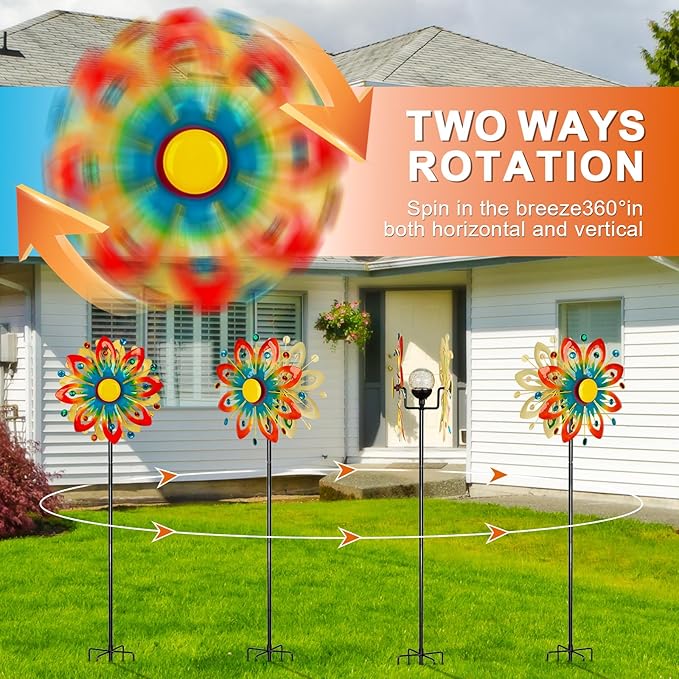 Solar Wind Spinner Outdoor Metal Garden Decor – 60.63'' Kinetic Flower Sculpture with Color-Changing LED Crackle Glass Ball & Gemstone, Waterproof Wind Catchers for Patio, Yard, Lawn Art Decoration