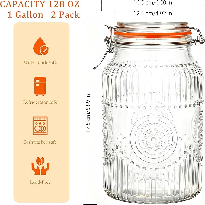 Amzcku Wide Mouth Vintage Mason Jars with Airtight Lid 128oz 1 Gallon, Canister Gallon Jars for Kitchen Storage - for Coffee, Sugar, Beans 2 Pack