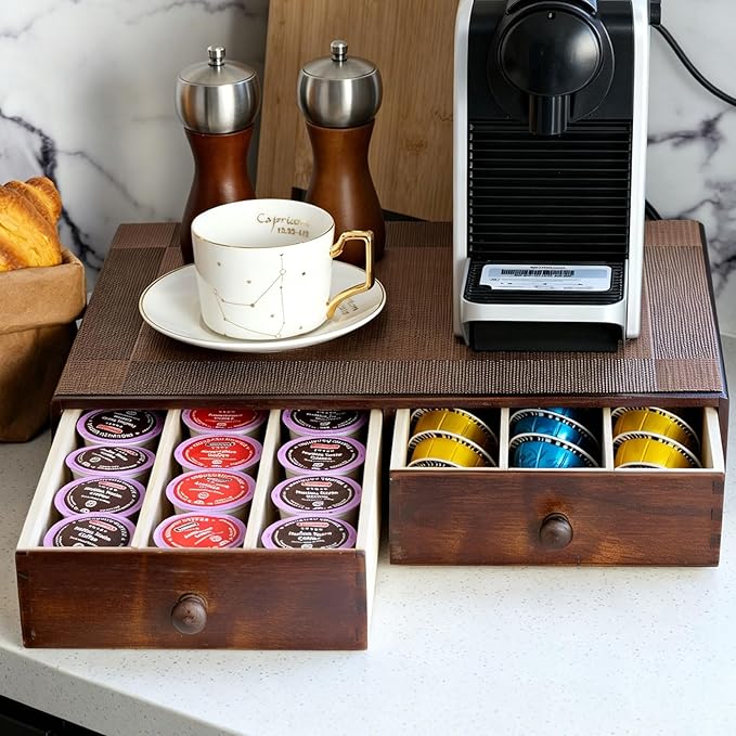 MonBel Wooden K Cup Organizer Coffee Pod Storage Box, Coffee Pods and Tea Organizer Holder, K Pod Drawer Coffee Maker Machine Stand, Kcup Drawer Organizer, 30 Pod Capacity