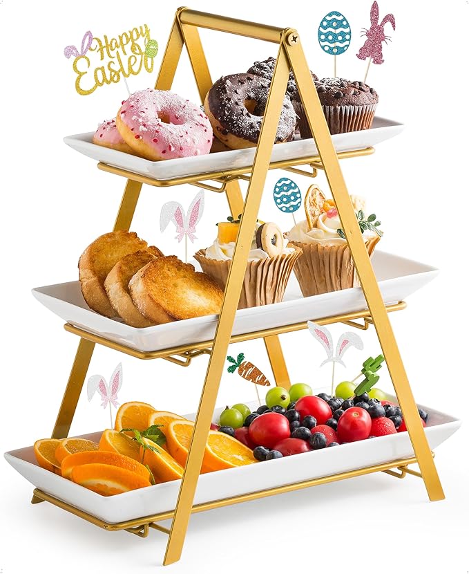 YHOSSEUN 3 Tier Serving Tray, Porcelain Tiered Tray Stand, 10+12+14 Inch Serving Platters and Trays with Collapsible Sturdier Rack, 3 Tiered Serving Stand Dessert Stands Treat Table Display Set, Gold
