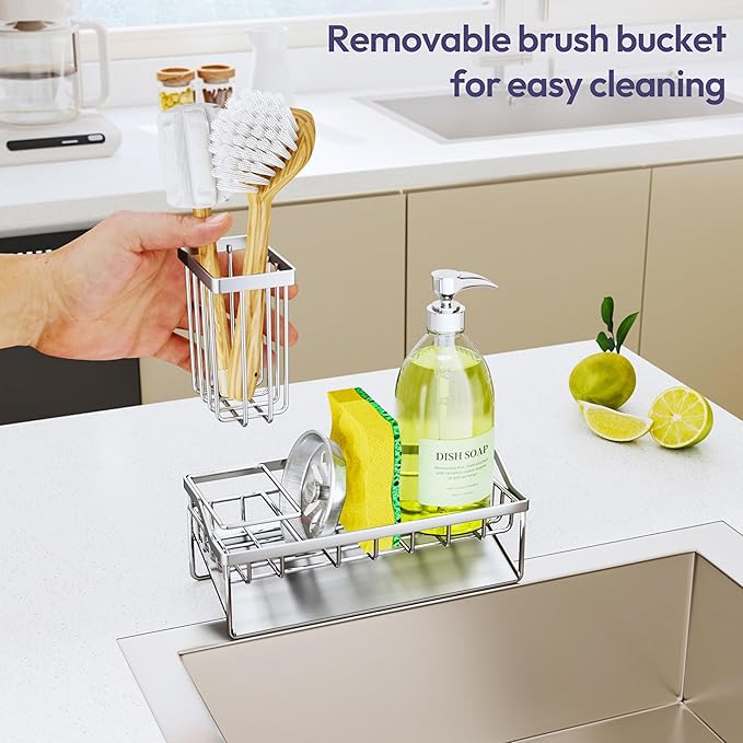 SWTYMIKI Sink Caddy Sponge Holder - Kitchen Sink Organizer with Stainless Steel Self Drain Tray & High Brush Holder for Countertop to Hold Dish Soaps and Sponges, Stainless Steel, Silver