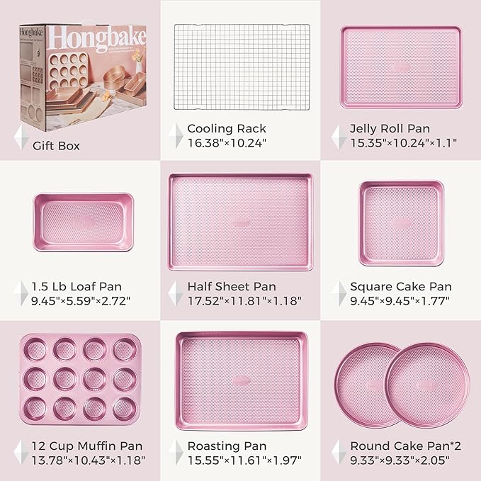 HONGBAKE 9-Piece Baking Pans Set Nonstick, Stackable Non Toxic Bakeware Sets with Diamond Texture, Oven Pan Set for Cooking, Includes Cookie Sheet with Rack, Cake Pan, Roasting Pan, Muffin Tin, Pink