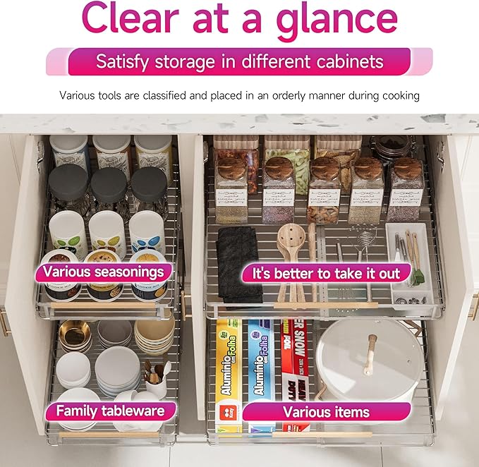 Pull Out Cabinet Organizer, Expandable(14.2"~24.4") Cabinet Drawers Slide Out, Adjustable Width Roll 0ut Shelf Cabinet Organizer for Kitchen Base Cabinet Organization (Medium, 1Pack)