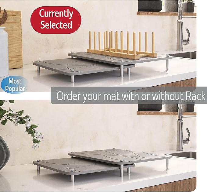 Nested Dish Drying Stone Mat with Bamboo Rack | 2 Pcs Diatomaceous Earth Stone Drying Mats for Kitchen Counter with Non-Slip Feet | Collapsible Large Drying Stone for Dishes (Light Gray)