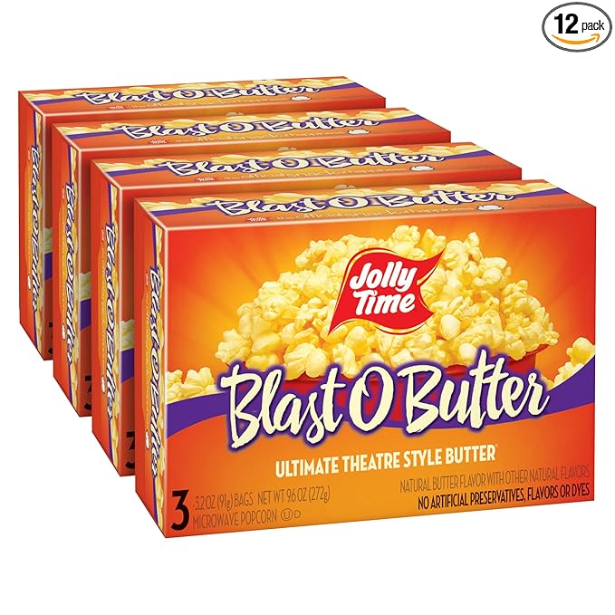 Jolly Time Blast O Butter, Ultimate Movie Theater Butter Microwave Popcorn, 3.2oz Sharing Bag, 3 Bags Per Carton (Blast O Butter, 3.2 Ounce (Pack of 12))