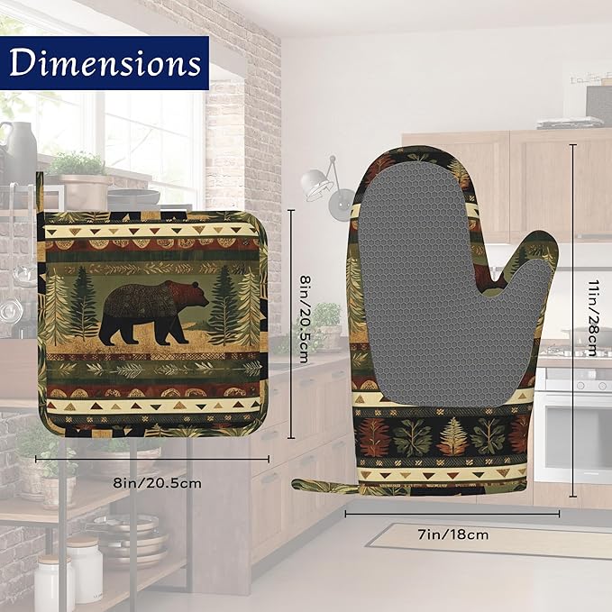 Oven Mitts and Pot Holders Sets Rustic Bear Silicone Kitchen Mits Potholders Cabin Forest Mountain Heat Resistant 4Pcs Oven Gloves Hot Pads for Baking Cooking BBQ Grilling Home Decor