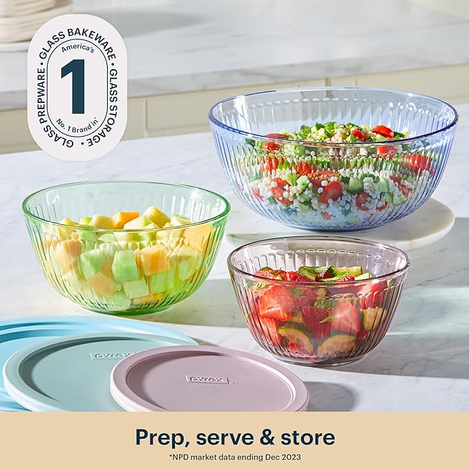 Pyrex Colors (3-Pack, Full Set) Sculpted Tinted Glass Mixing Bowls With Plastic Lids, Nesting Space Saving Set of Bowls For Prepping and Baking, 1.3QT, 2.3QT & 4.5Q, (Pink, Green, Blue)