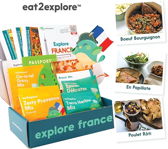 eat2explore Cooking Kits for Kids 14 Pcs – Interactive & Educational Kids Cooking Sets Real for Ages 5 and Up,3 Recipe Cards & Global Ingredients – Fun for Young Chefs (France Edition)