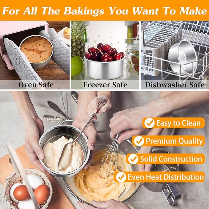 P&P CHEF Cake Pan Set of 4, Stainless Steel Baking Round Cake Pans Tins Bakeware for Birthday Wedding, Leak-proof & Easy Clean, Mirror Finish & Easy Releasing, 4 Inch