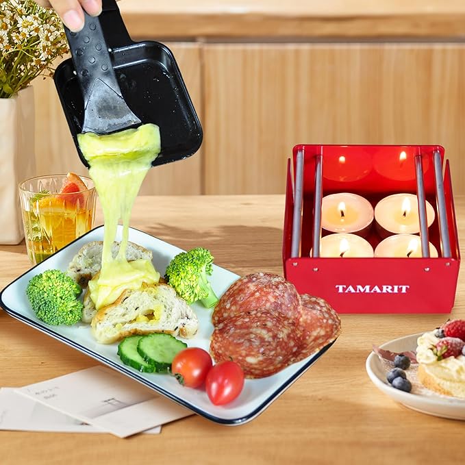 TAMARIT Personal Raclette Grill- Portable Candlelight Raclette Cheese Melter with Non-Stick Pan & Spatula - Small Raclette Machine for One Person, Picnic, Camping & Home, Red