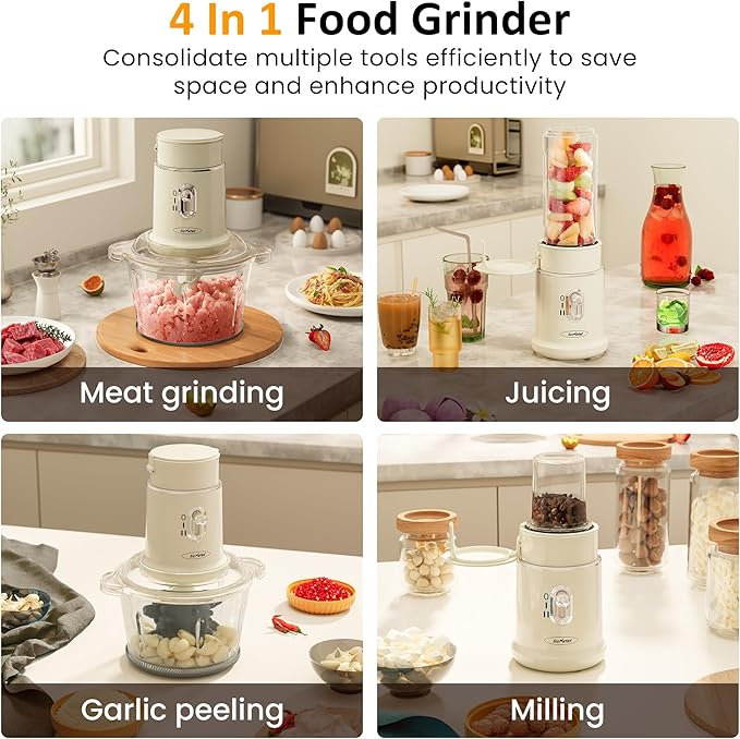 Sunvivi 250W Blender and Food Processor, 4 in 1 Electric Food Chopper for Grinding Meat, Peeling Garlic & Juicing, Variable Speed with 1.5L Glass Bowl & 2 Cups (0.4L+0.2L)
