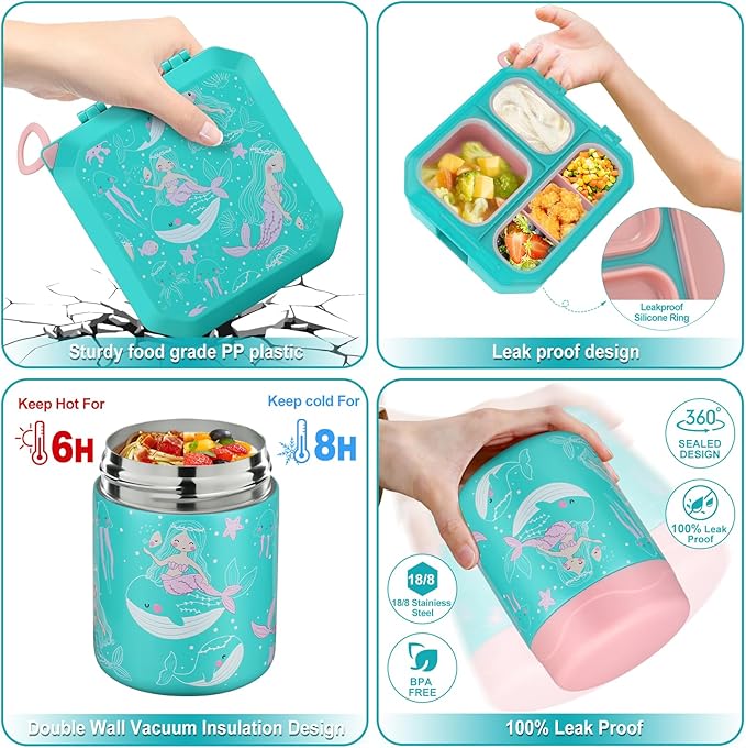 wiwens Bento Lunch Box for Kids with 12oz Soup Thermo Leak-Proof Lunch Food Container with 5 Compartment Thermo Hot Food Jar and Insulated Lunch Bag for Kid Toddler Girls Boys to School