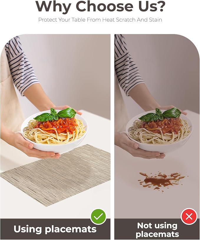 Leetaltree Light Brown Placemats Set of 8 - Heat Resistant Non-Slip Place mats for Dining Table, Washable Durable PVC Vinyl Woven Table Mats（Light Brown, 8）
