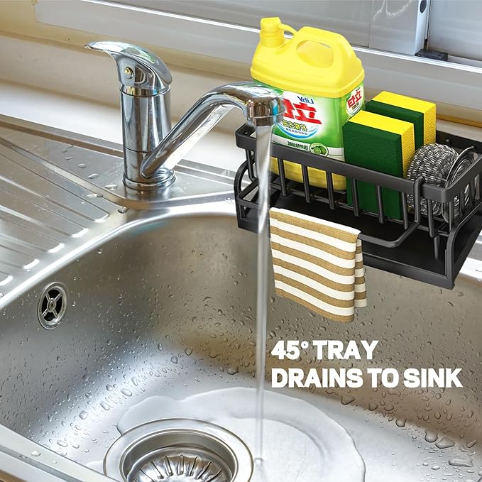 Sponge Holder for Kitchen Sink Sponge Holder,Sponge Caddy for Kitchen Sink Organizer with Auto Drain Tray (Carbon Steel)