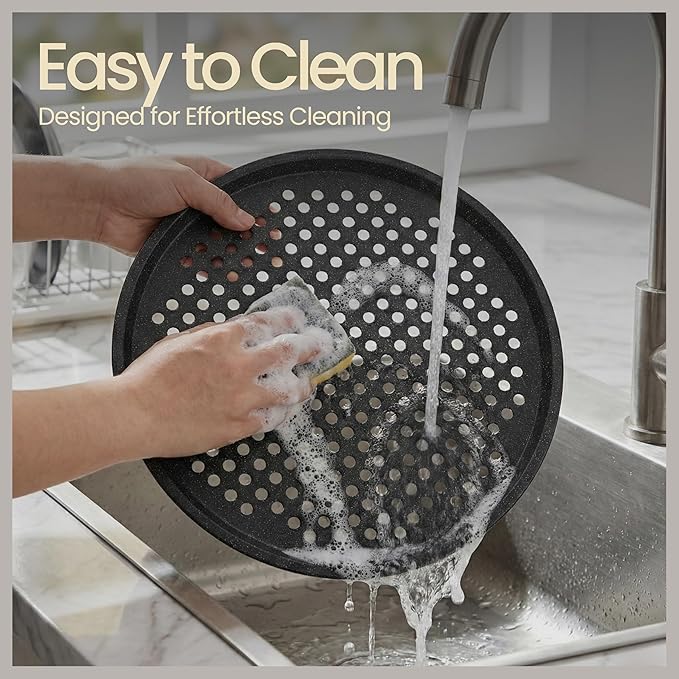 Bakken Pizza Baking Pan - Round Perforated Carbon Steel Pan with Non-Stick Marble Coating, Oversized Silicone Handle, Dishwasher Safe, High-Temperature Resistant, Durable & Easy Cleanup Gray, 1 Tray