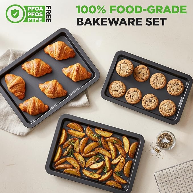 NutriChef 3-Piece Nonstick Baking Sheet Set – Non-Toxic Cookie Sheets for Everyday Baking – Small, Medium & Large Oven Safe Bakeware Trays – Warp-Resistant, Easy to Clean & Dishwasher Safe