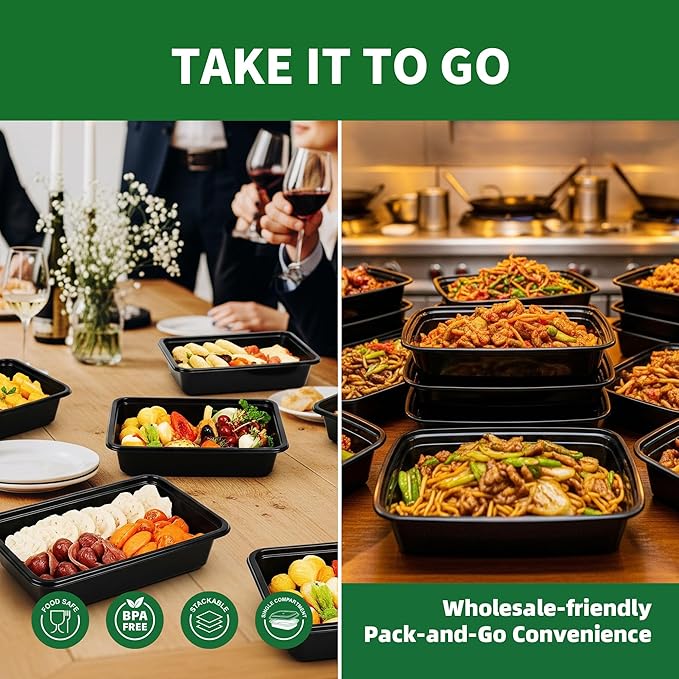 Meal Prep Containers, 50 Pack 24oz (100-Piece) Disposable Take Out Food Storage Containers with Leakproof Lids, Reusable Plastic To Go Lunch Boxes, BPA Free, Microwave/Dishwasher/Freezer Safe