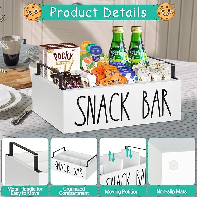 Snack Organizer for Countertop, Wood Pantry Storage Bins with Handles, Snack Bar Organizer for Pantry Shelf, Kitchen, 4 Compartment Food Container Snack Box, Pantry Organizer for Snacks, Chips