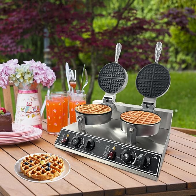 Double Head Commercial Waffle Maker, 2400W Stainless Steel Nonstick Waffle Iron with 122℉ to 572℉ Temp Range & Time Control, Perfect for Home Cafe Restaurant Snack Bar Bakeries