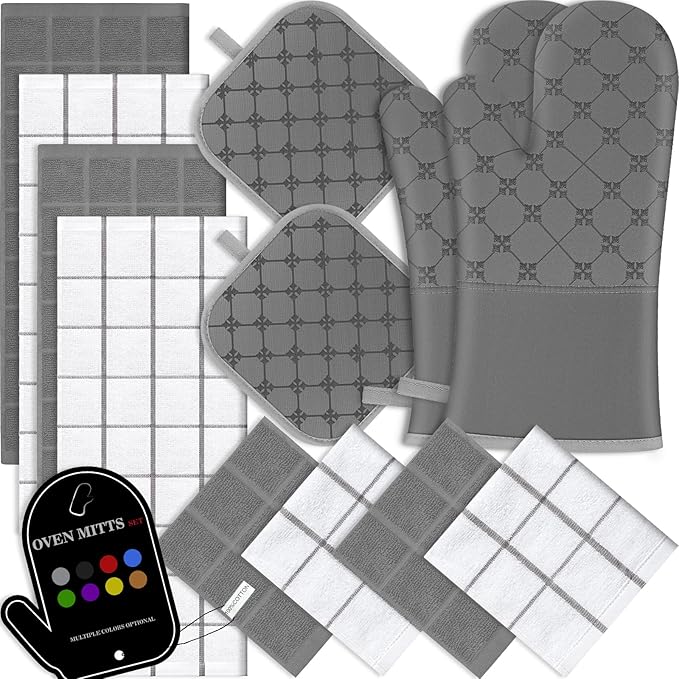 Oven Mitts Kitchen Towels Dishcloths with Pot Holders Sets 12PCS, Dish Towels Sets, Oven Gloves Pot Pads Heat Resistant 500 Degrees with Non-Slip Silicone Surface for Cooking Baking Grilling-Grey