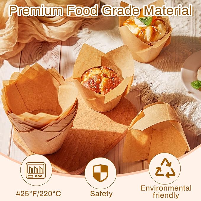 Motiskyy 600 Pcs Jumbo Muffin Liners for Baking 2-1/4" x 4" Large Tulip Cupcake Liners Greaseproof Cupcake Wrapper Paper for Weddings Birthday Christmas Anniversaries Party (Light Brown)