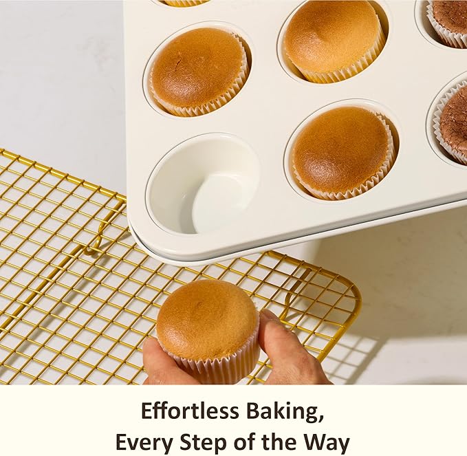 CAROTE 7-Piece Ceramic Baking Pans Set, Aluminized Steel Bakeware Sets, Toxin-Free Nonstick Stackable Oven Pans with Cookie Sheet, Muffin Pan, Loaf Pan, Roasting Pan, Cake Pans, Cooling Rack