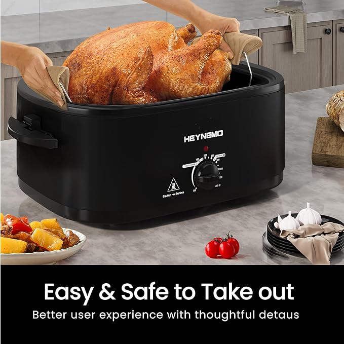 18Qt Roaster Oven Buffet with Self-Basting Lid, 1450W Stainless Steel Electric Turkey Roaster Oven with Cool-Touch Handles, Removable Pan and Rack, Black