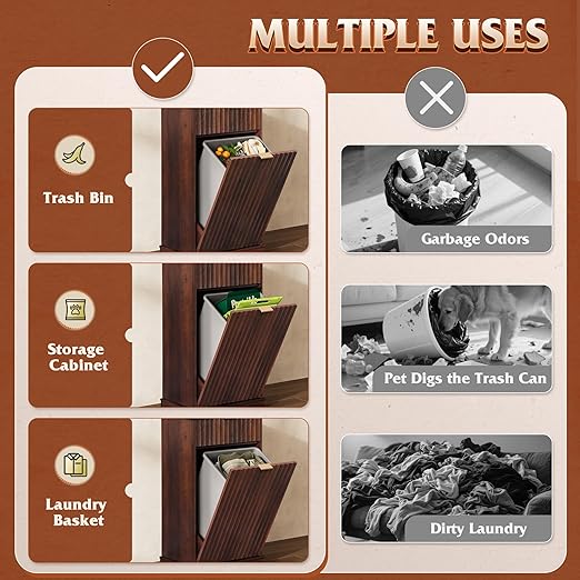 WLIVE 10 Gallon Tilt Out Trash Can Cabinet, Hidden Trash Can Cabinet with 2 AC+ USB Outlets, Storage Drawer, Food/Clothes Storage Pet Proof Kitchen Trash bin Cabinet for Home, Launday (Brown)