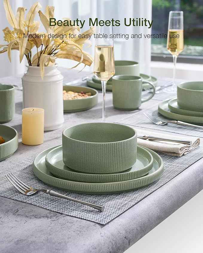 Famiware Star Stoneware Dinnerware Sets for 4 (16pcs), Chip Resistant, Microwave and Dishwasher Safe Complete Dishes, Pasta Bowl, Cereal Bowl, Dinner Plate, Salad Plate, Ribbed, Matte Sage Green