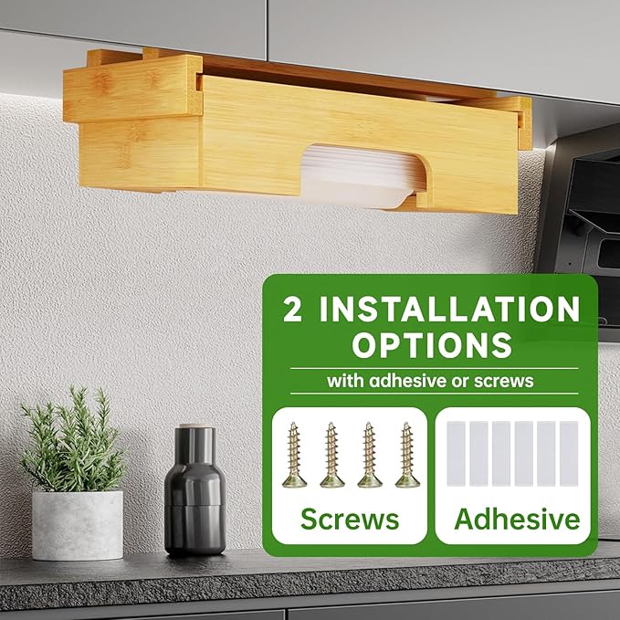 Paper Plate Dispenser Under Cabinet 9 inch Bamboo Paper Plate Dispenser, Kitchen Counter Vertical Holder Organizer Countertop Caddy (9 Inch Natural)
