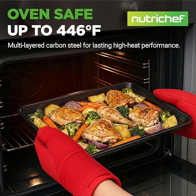 NutriChef Stackable Non-Stick Baking Pan Set – Carbon Steel Bakeware Set w/ Cookie Sheet, Muffin & Loaf Pan, Double Coated for Easy Release, Oven & Dishwasher Safe, Resists Warping, – Easy to Clean